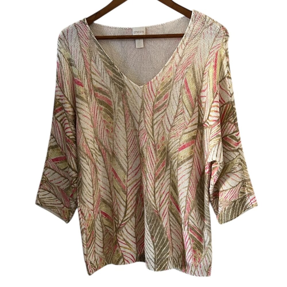 Chico's 3/4 Length Sleeve Pullover Sweater In Leaf Print Size 3/XL